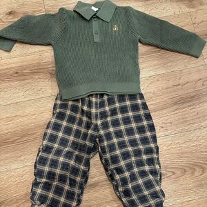 Baby Gap Green Knit Sweater and Plaid Pants Set